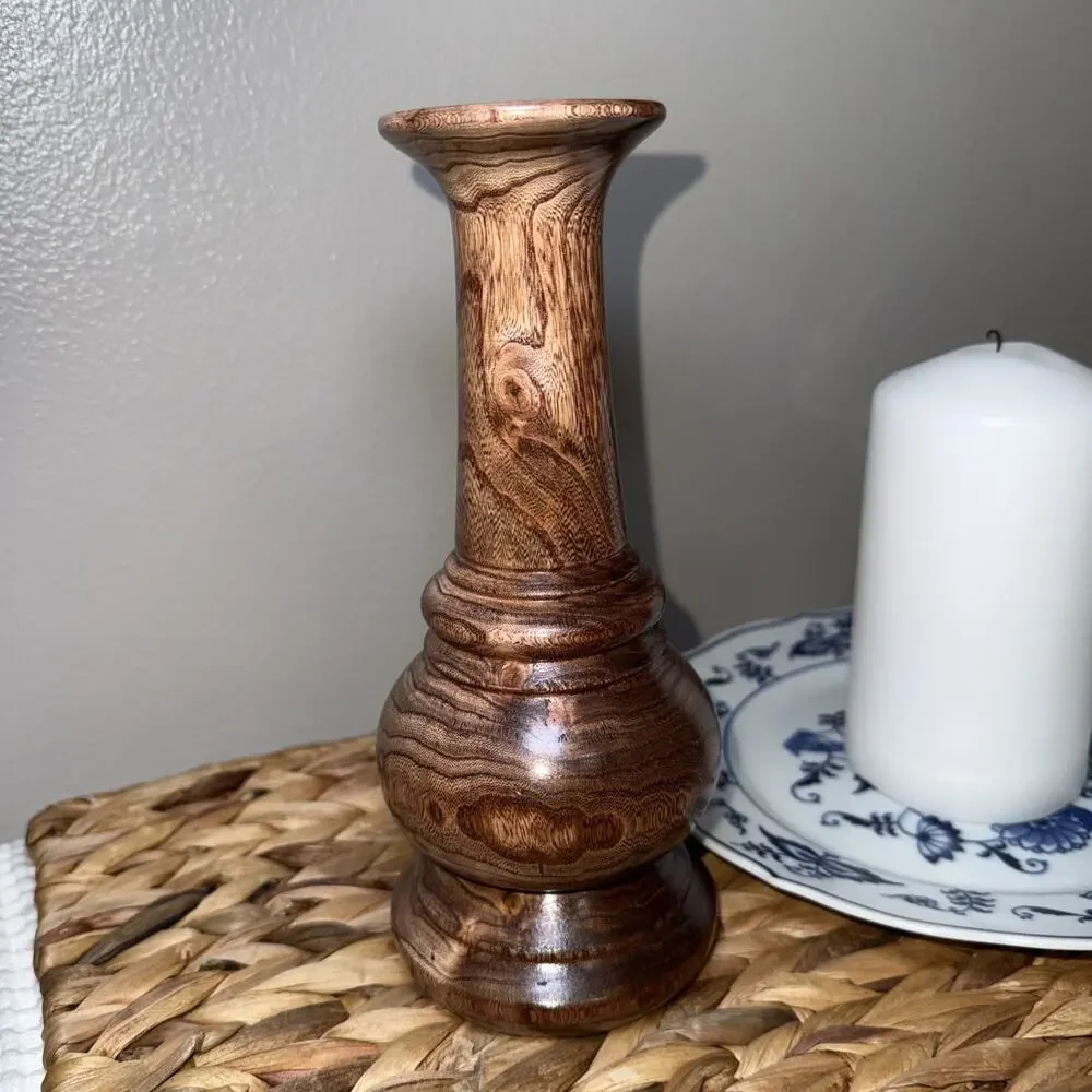 Vintage Hand Turned Wood Vase AKS 54 Mid Century Modern Organic Decor 8.5